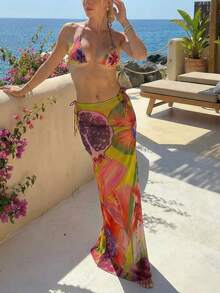 Aloruh Bộ bikini hai mảnh gợi cảm buộc dây cổ họa tiết hoa mùa hè dành cho nữ, kèm váy, thích hợp cho kỳ nghỉ biển, bộ đồ đi biển 3 mảnh cho nữ, bikini kèm áo khoác ngoài, trang phục Hawaii cho nữ. - Nhiều màu - Xem 6
