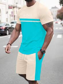 Manfinity RSRT 男士撞色字母印花圆领短袖T恤和短裤休闲套装 - 彩色 - 查看 2
