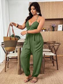 Weeklong Plus Size Women Solid Color Pleated Halter Tie Casual Jumpsuit Pants For Daily Wear - Mint Green - View 7