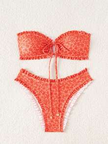 SHEIN Swim Mod 女士夏季新款性感简约印花系带露背比基尼套装，适合海滩度假 - 彩色 - 查看 6