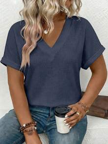 EMERY ROSE New Arrival Plus Size Women's Fashion Casual Versatile Bestselling Neon Color V-Neck Short Sleeve T-Shirt - Navy Blue - View 3
