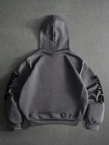 Manfinity Roghcode Plus Size Men's Dark Grey Letter Embroidery & Kangaroo Pocket Hoodie,Autumn Streetwear Holiday Casual Fashionable Street Hoody For Daily Commute - Grey - View 2