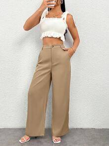 SHEIN PETITE 女士休闲百搭通勤纯色直筒裤 - 卡其色 - 查看 6