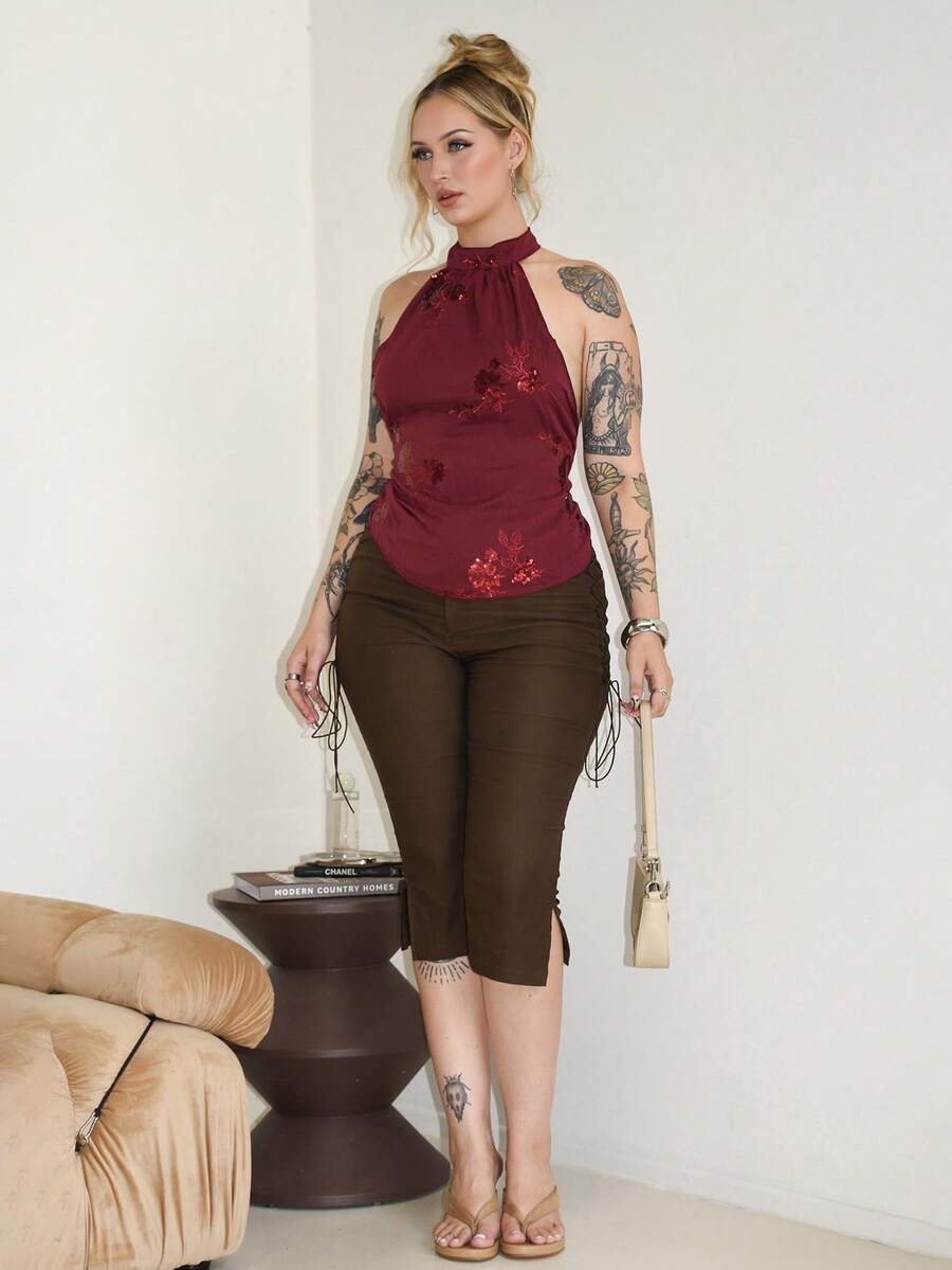 Arliah Áo crop top Y2K không tay cổ yếm, viền bất đối xứng, đính hạt, thêu gợi cảm dành cho nữ, mùa thu/đông - Đỏ - Xem 1