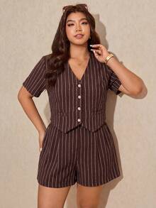 Elaquor Plus Size Sommar Casual Pendling Randig Skjorta Och Shorts 2-delat Set - Brun - Visa 3