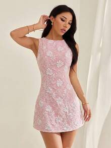 PETITE Vestido elegante vintage para vacaciones, vestido ajustado de jacquard para primavera/verano, vestido de tirantes, vestido verde - Beis - Ver 4