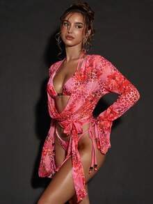 SHEIN BAE Women's Vacation Leopard & Floral Print Draped Neck Flare Sleeve Cover Up,2026 Summer New Arrival: Women's Pink Animal Print/Leopard Print Cover-Up Top, Beach Vacation Wear, Sexy Party/Music Festival Swimwear, Hawaiian Style, Women's Beach Vacation Wear, Elegant Women's Beachwear, Vacation Wear, Women's Swimwear, Beach Party, Pool Party Cover Ups For Swimwear - Pink - View 6