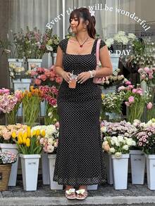 Plus Size Women's Black Polka Dot Print Fishtail Hem Dress, Spring/Summer - Black - View 5