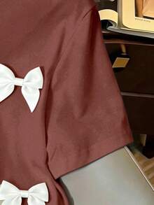 Franclia Casual H-Shaped Round Neck 3D Bow Short Sleeve Brown T-Shirt For Women, Summer - Rusty Rose - View 5