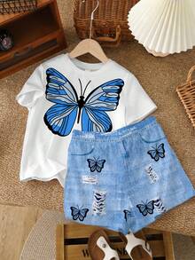Bộ đồ đôi 2 món cho bé gái tuổi teen, gồm áo ngắn tay và quần short in hình bướm, thích hợp cho mùa hè. - Nhiều màu - Xem 3