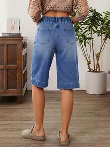EMERY ROSE Plus Size Women's Button Front Dual Pocket Casual Denim Shorts - Blue - View 2