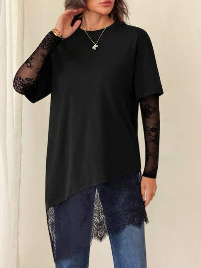 SHEIN Tall 这款连衣裙采用蕾丝袖和下摆设计，非常适合冬季或圣诞节聚会叠穿。宽松的版型搭配优雅的蕾丝细节，使这款女式连衣裙能够轻松从日常穿着过渡到晚宴或新年装扮。