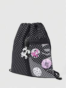 ROMWE Anime Mochila de ocio multifuncional de gran capacidad con bolsillo con cremallera transparente, colgante con nota musical y diseño de puntos negros, adecuada para la escuela, el trabajo, los viajes y salir - Nota negra - Ver 2