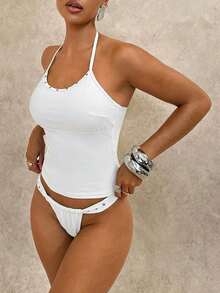 Swim Glamine Women's Summer Beach Solid Color Halter Tie Fashionable Tankini Swimwear Set - White - View 4