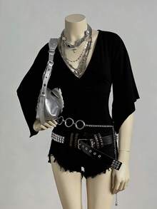 EgrlEra 女士性感深V领修身复古针织T恤 - 黑色 - 查看 6