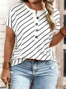 Selamara Plus Size Women Summer Casual Commute Vacation Striped Print Half Button Decor Notched Batwing Short Sleeve Loose T-Shirt - Multicolor - View 1