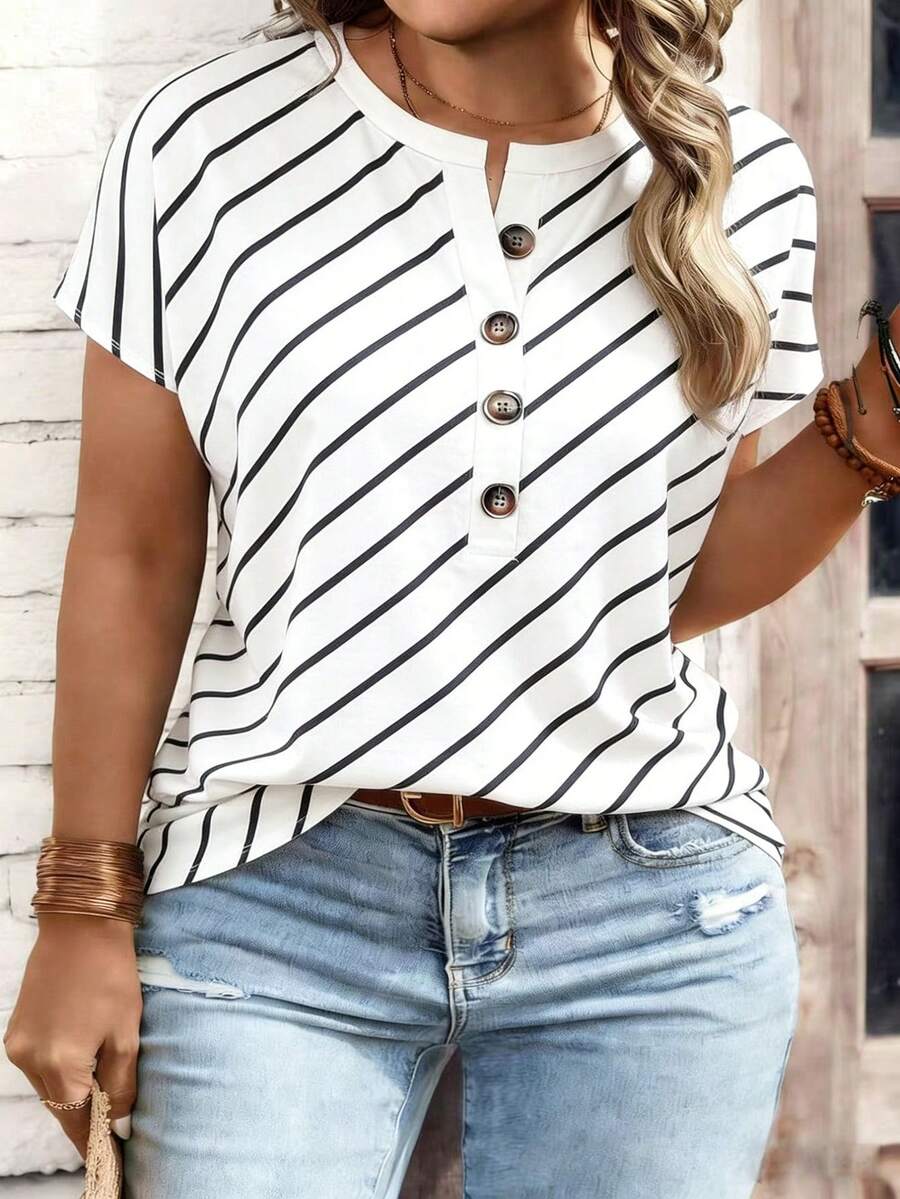 Selamara Plus Size Women Summer Casual Commute Vacation Striped Print Half Button Decor Notched Batwing Short Sleeve Loose T-Shirt - Multicolor - View 1