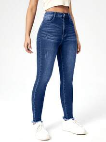 RueChic 高腰破洞毛边紧身牛仔裤 - 藍色 - 查看 3