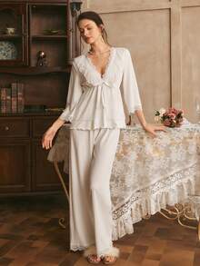 Bộ đồ ngủ cổ chữ V sâu thanh lịch dành cho phụ nữ trưởng thành, phong cách miền Nam nước Pháp. - trắng - Xem 1