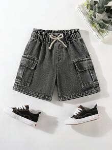 Genkimix Kids Pantalones cortos de mezclilla casuales para niños pequeños, color caqui, para primavera/verano, con decoración de cordón, bolsillos cargo, corte holgado, tela suave y cómoda, moda diaria - Verde militar - Ver 2