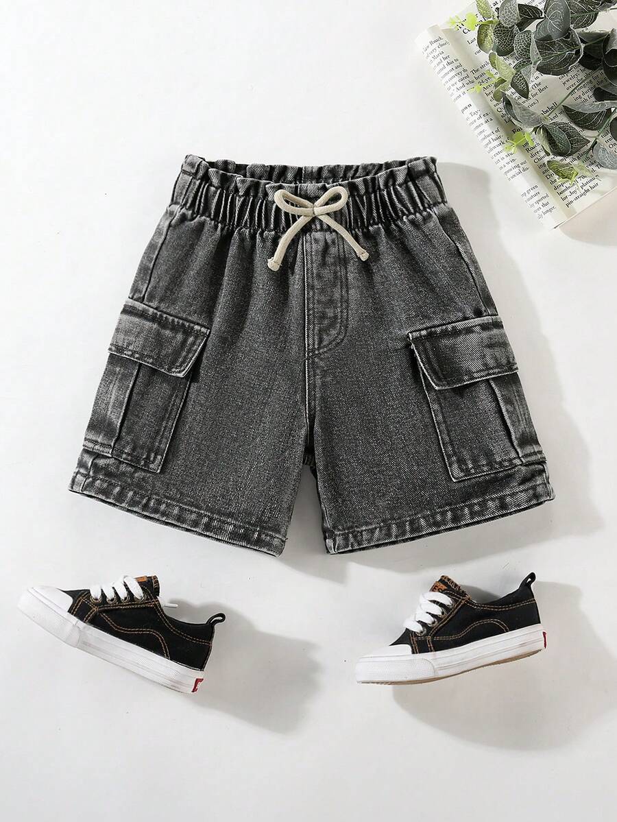 Genkimix Kids Pantalones cortos de mezclilla casuales para niños pequeños, color caqui, para primavera/verano, con decoración de cordón, bolsillos cargo, corte holgado, tela suave y cómoda, moda diaria