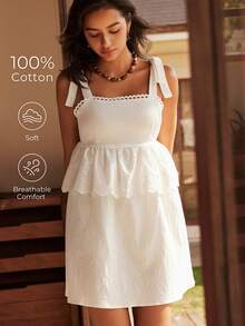 Lullawish Áo ngủ nữ kiểu Bohemian, 100% cotton, dây mảnh. - trắng - Xem 5