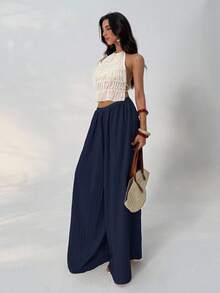 Aloruh Women's Loose Textured Solid Color Casual Pants, Suitable For Spring And Autumn - Navy Blue - View 7
