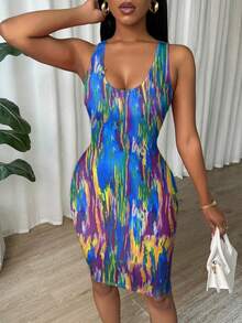 Eryvara Tie Dye Pleated Slim Fit Sleeveless Bodycon Dress For New Year Clothes - Blue - View 6