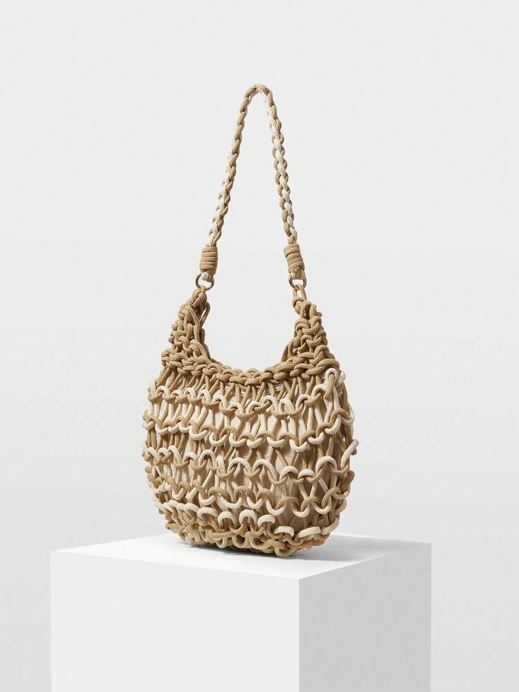 WOMEN'S TOTE BAG, FASHIONABLE TWO-COLOR WOVEN HOLLOW SHOULDER BAG.