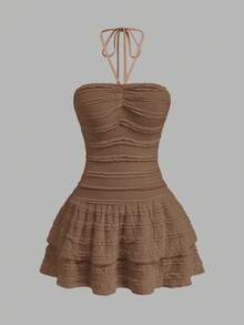 Sweetra Plus Size Women's Chocolate Brown Summer Cute Vacation Holiday Vintage Resort Style Dress,Textured Backless Double-Layer Ruffle Hem Pleated Neckline - Brown - View 1