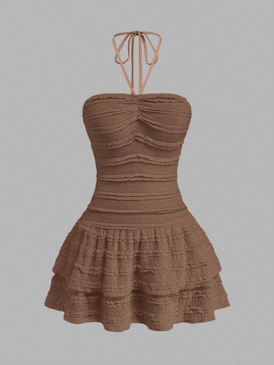 Sweetra Plus Size Women's Chocolate Brown Summer Cute Vacation Holiday Vintage Resort Style Dress,Textured Backless Double-Layer Ruffle Hem Pleated Neckline - Brown - View 1