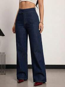 SHEIN Tall Quần jeans nữ ống rộng cạp cao phong cách Y2K màu xanh đậm, cạp quần bất đối xứng, dáng rộng có túi, hoàn hảo cho phong cách đường phố và trang phục hàng ngày. - màu đen - Xem 7