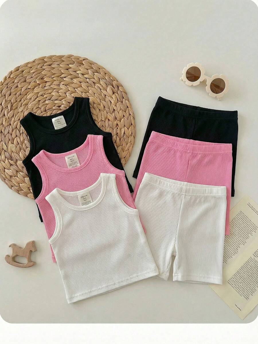6pcs/Set Baby Girl Casual Knit Solid Color Camisole & Elastic Waist Skinny Shorts Set - Multicolor - View 1