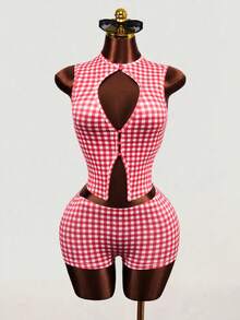 Mistrie 2pcs Plaid Hollow Out Camisole And Shorts Set, Sexy Summer Outfit - Red and White - View 4