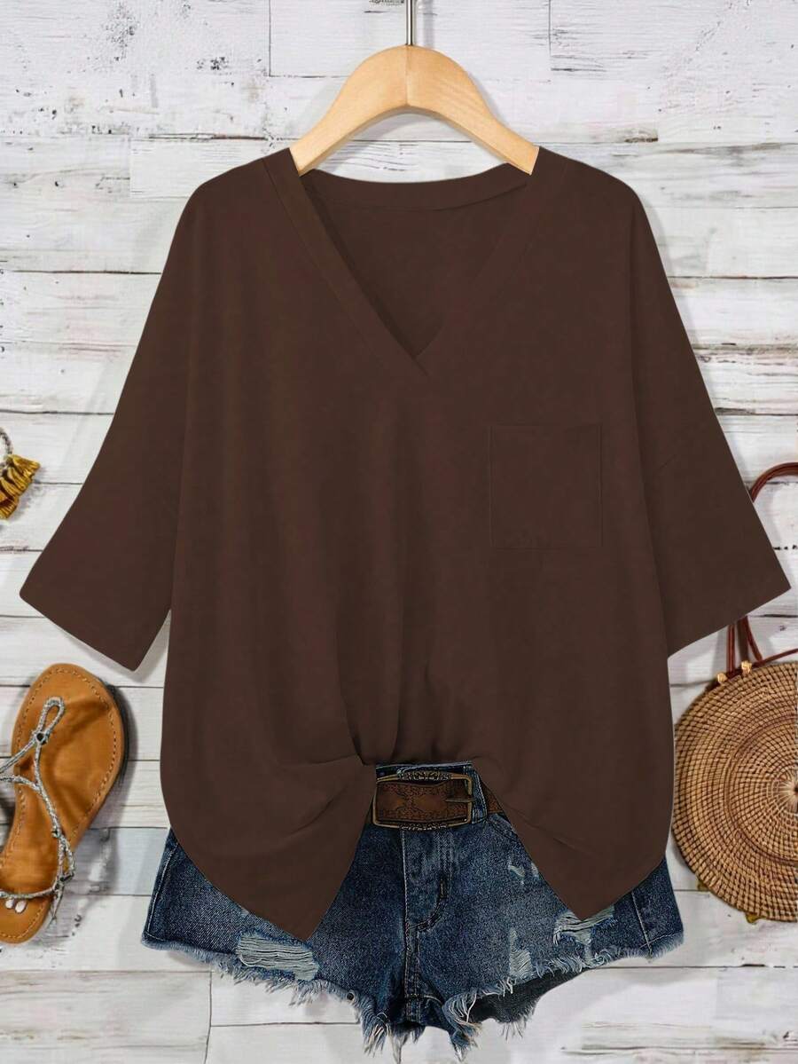 EMERY ROSE Women's V-Neck Loose Casual Bestselling T-Shirt - Coffee Brown - View 1