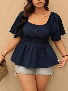 Elaquor Plus Size Women Vacation Solid Color Square Neck Button Down Shirred Ruffle Hem Blouse - Navy Blue - View 3
