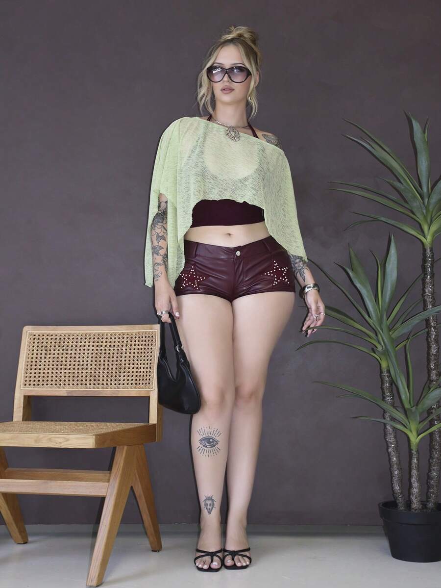 Arliah 女式休闲宽松不对称下摆衬衫，夏季款式 - 青檸色 - 查看 1