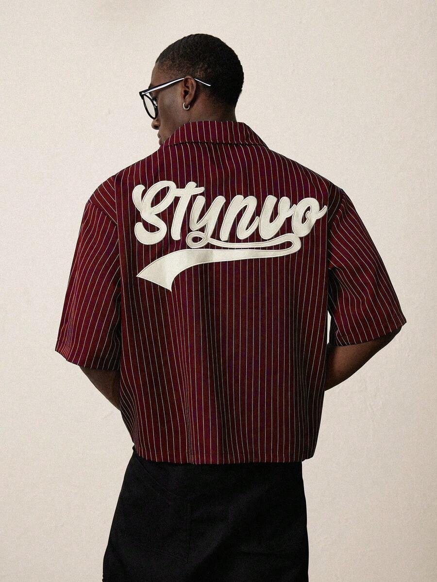 STYNVO 男士休闲条纹字母刺绣衬衫,夏季 - 酒紅色 - View 1