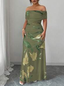 Modelyn Plus Size Women Mesh Printed One-Shoulder Ruffle Formal Dress - Army Green - View 3