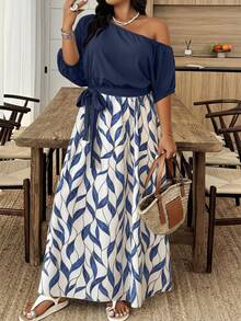 Weeklong Plus Size Women's Asymmetric Shoulder Tie-Waist Floral Print Dress - Multicolor - View 1