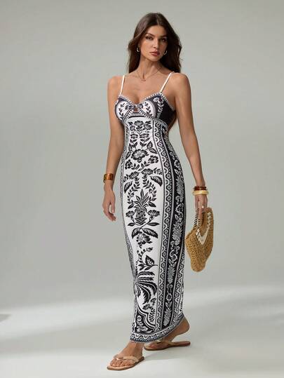 SHEIN Tall Đầm dài mùa hè dành cho nữ, phong cách boho nhiệt đới, họa tiết hoa, dây mảnh, kiểu dáng thoải mái, chất liệu dệt kim, thích hợp cho kỳ nghỉ.