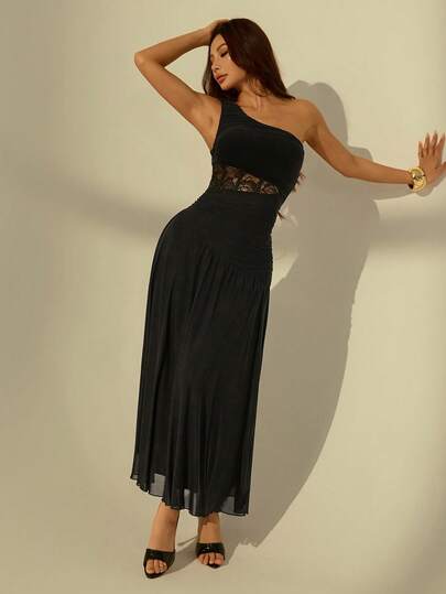 SHEIN PETITE Vestido largo elegante y asimétrico de cuello negro para mujer, de tela de punto sin mangas, ajustado, semitransparente y con volantes en el bajo