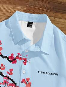 Manfinity Joysei 男士树枝印花短袖单排扣露脐衬衫 - 淺藍色 - 查看 4