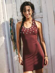 SoleilVie 女士新款圆领短袖纽扣装饰修身短连衣裙 女装连衣裙 女士夏季连衣裙 波西米亚风女装 女士连衣裙 女士连衣裙 - 棕色 - 查看 1