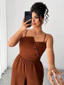 Elenzga Combinaison ample pour femmes grande taille, nouvelle élégante d'été sans manches avec décoration de boutons. Combinaison rétro mode taille haute amincissante avec décoration de boutons. Convient pour le port casual quotidien, les sorties de week-end, les courses, les rassemblements entre amis ou les vacances - Tabac - Voir 9