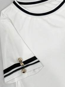 Resyla Camiseta de manga corta casual de mujer con ribete de contraste, verano - Blanco - Ver 5