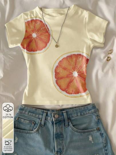 Glimmora Digitalt tryck med grapefruktmönster, trendig minimalistisk damt-t-shirt med smal passform och rund hals, kortärmad, present till vänner