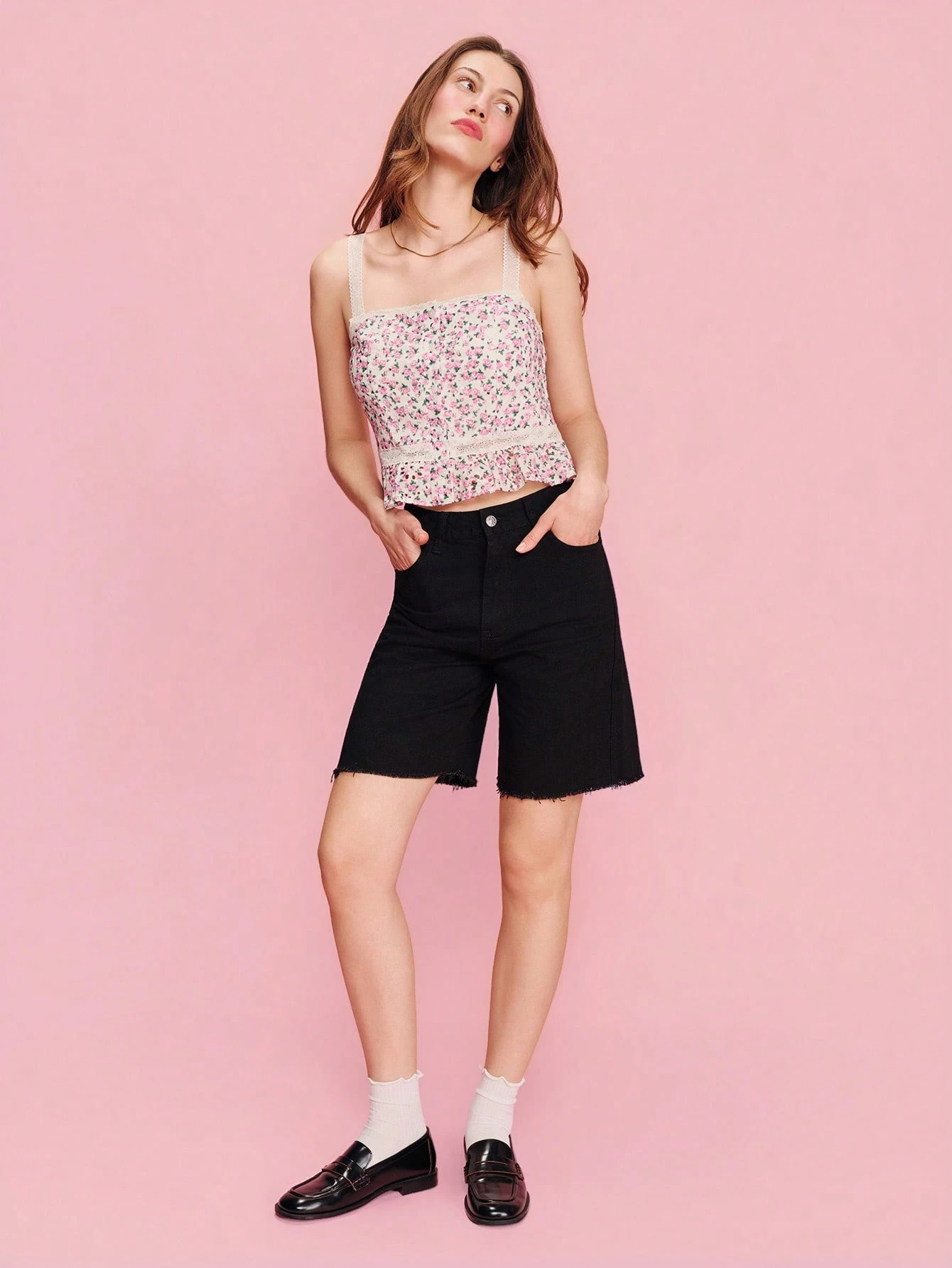 Pink Floral Laced Cami Top Square Neckline And Ruffle Hem Pink Flowers Top Cute Top Spring Summer Going Out Vacation Top Holiday Top French Style Parisian Style