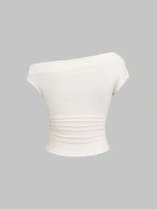 Sweetra Áo nữ in họa tiết dáng lệch vai, kiểu dáng thường ngày - màu nâu - Xem 2