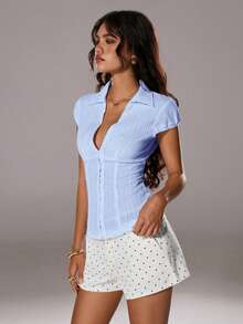 TRNVIE 女士纹理领修身短袖衬衫，胸前纽扣条纹，白色，适合夏季办公室通勤 - 淺藍色 - 查看 4